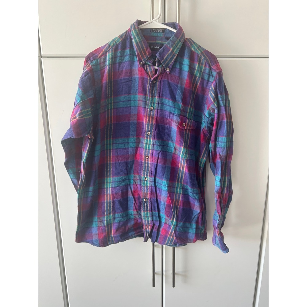 Gant Cambridge Flannel Mens Large Purple Blue Plaid Button Down Shirt Cotton